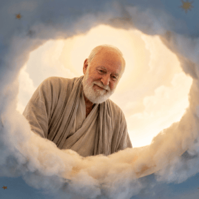 An elderly man with a white beard smiling down through a hole in the clouds.