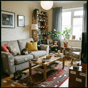 A cozy living room with furniture and decor covered in small white identification labels.