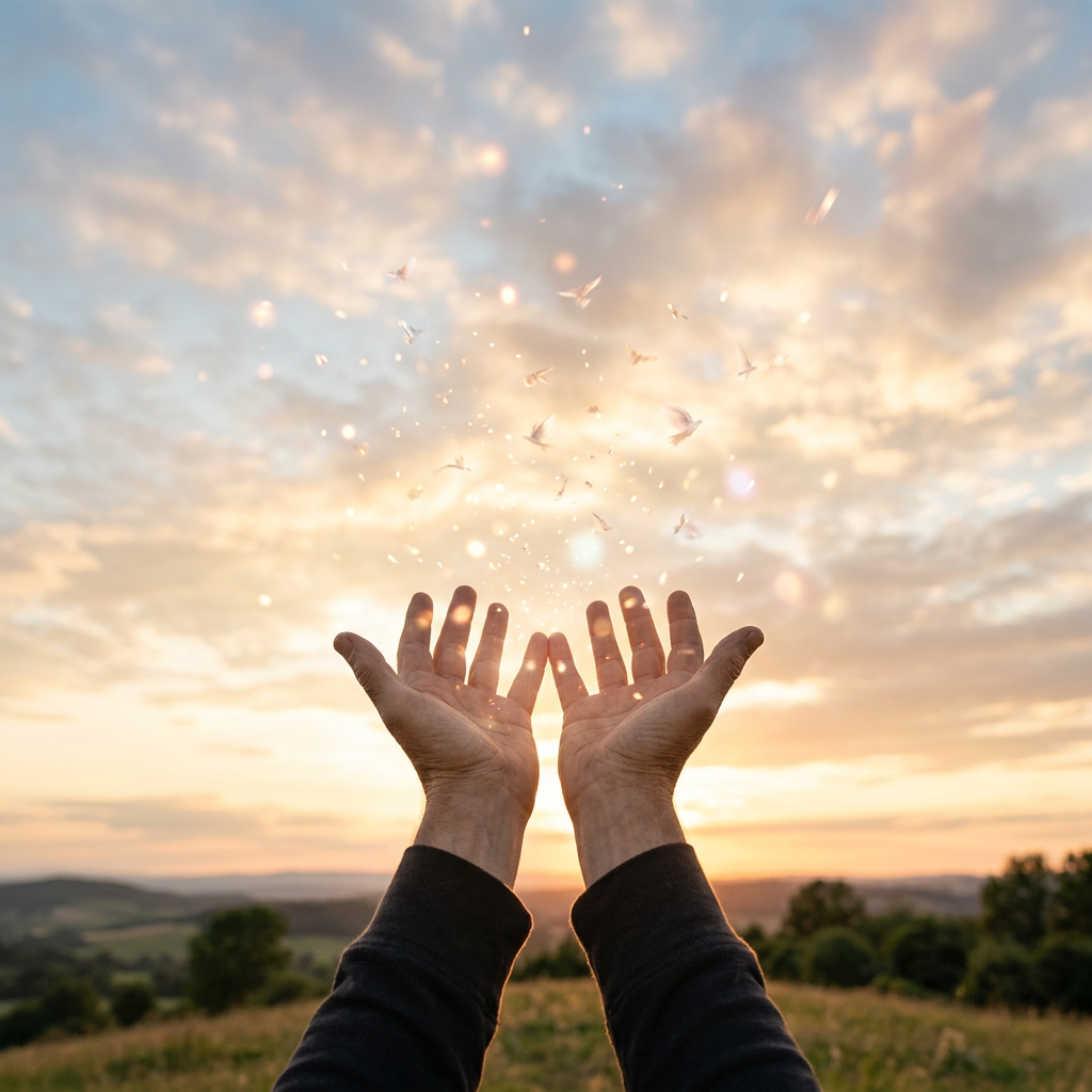 Two hands raised open with small white doves flying upward at sunset