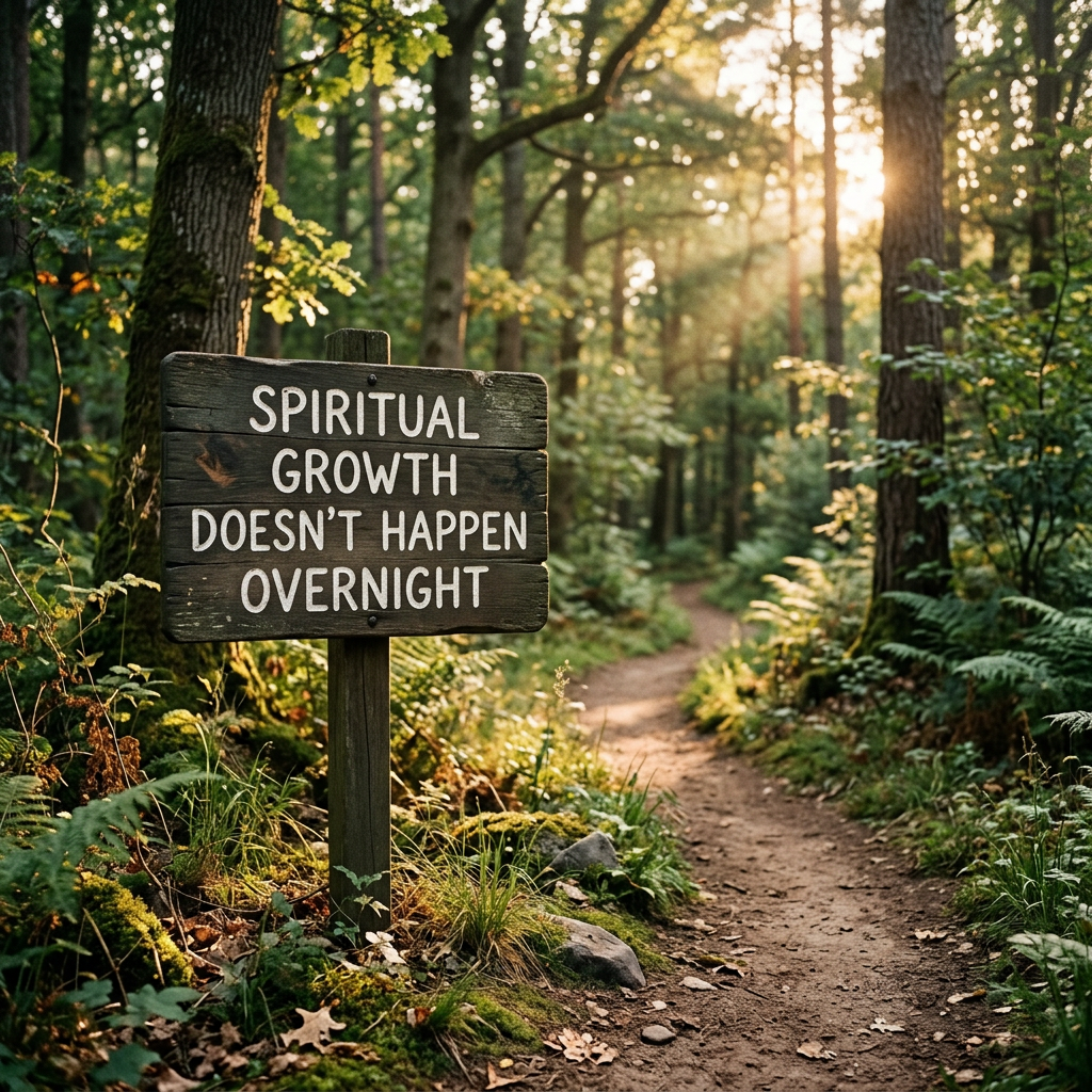 Wooden sign reading 'SPIRITUAL GROWTH DOESN'T HAPPEN OVERNIGHT' on a forest path