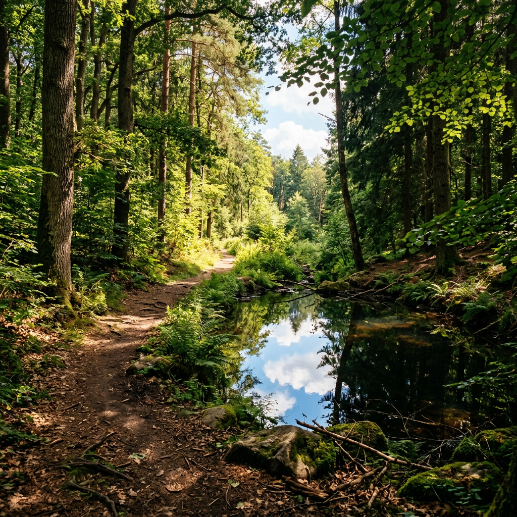 Forest trail beside a calm stream reflecting blue sky and trees