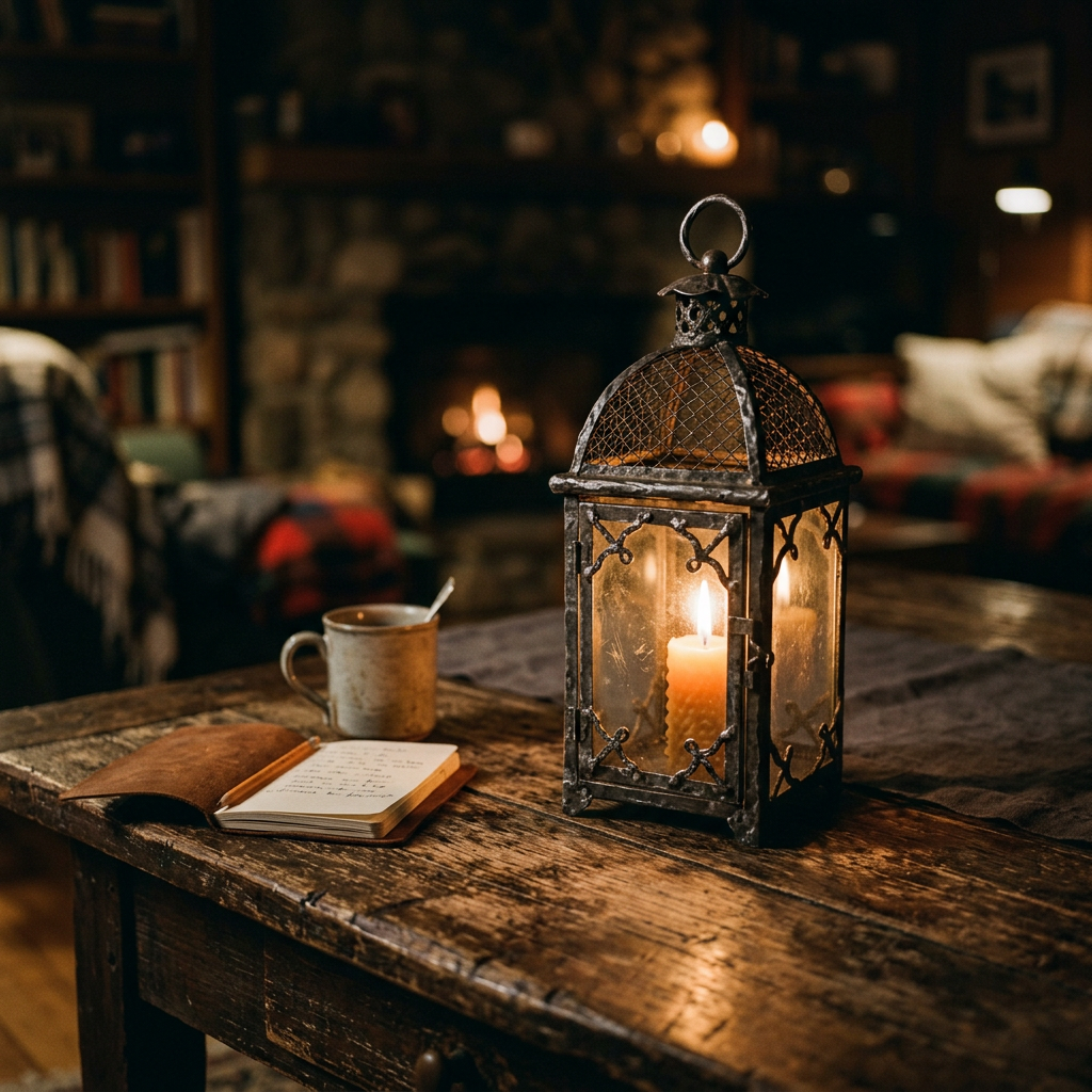 Lit candle lantern, open journal, and mug on a rustic wooden table