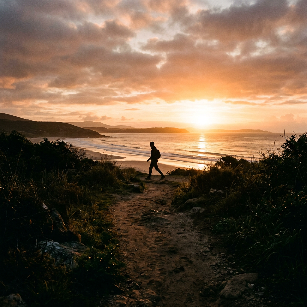 Silhouette of a person walking on a dirt path near the beach at sunset