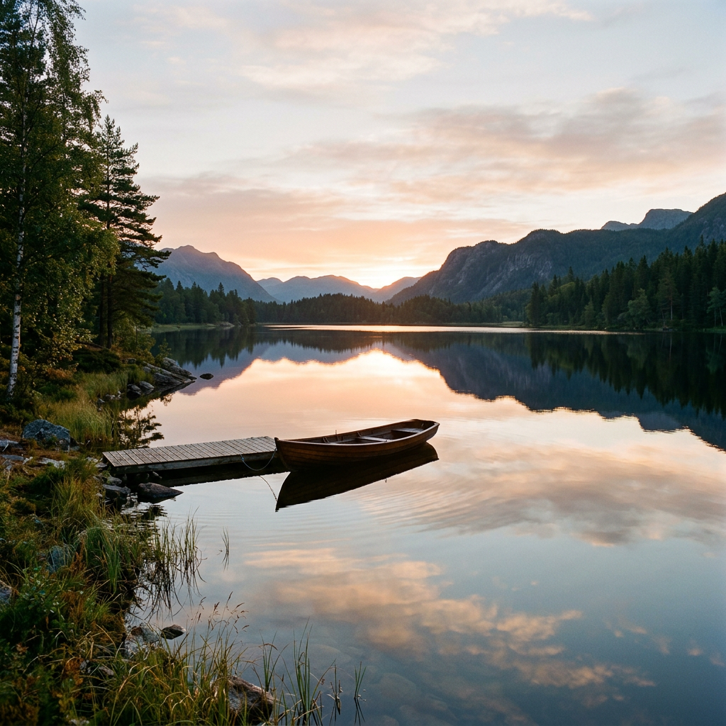 Wooden rowboat tied to dock on calm lake reflecting mountains and sunset sky