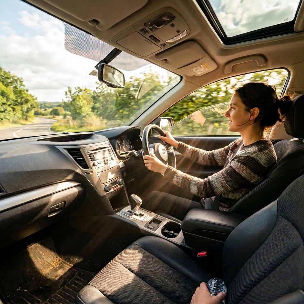 Woman driving a car along a sunny countryside road