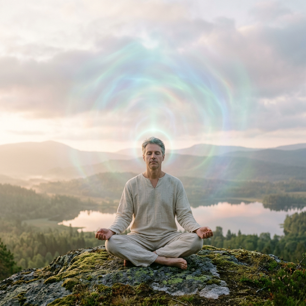 Man meditating on a mossy rock above a mountain lake