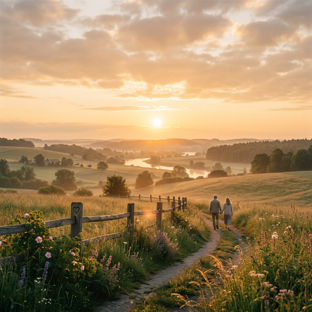 Couple walking along a flower-lined path through sunlit countryside